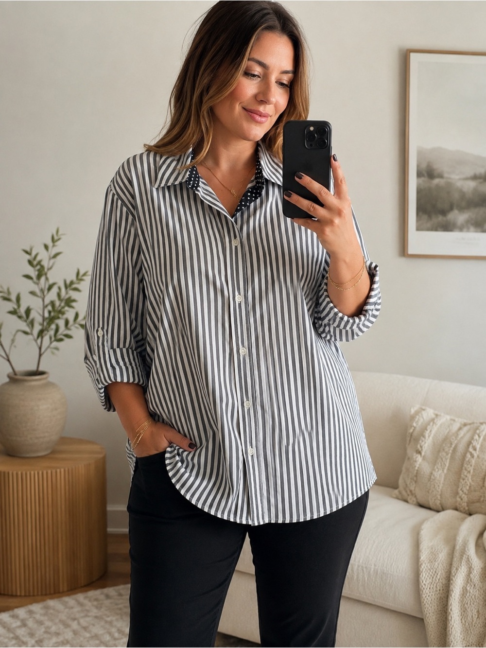 Versailles 100% Cotton Striped Button Down Shirt 1X Roll Tab Sleeve